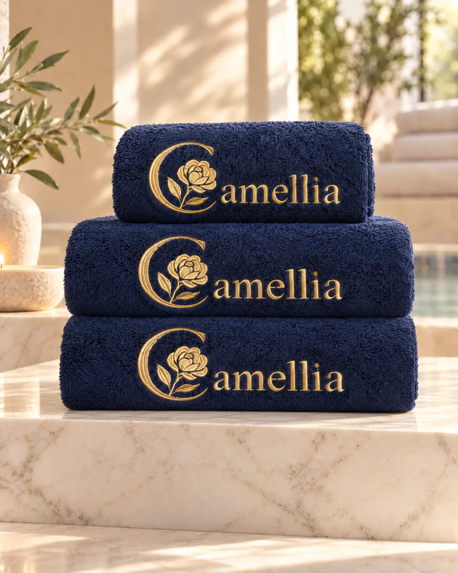 Drei gestapelte marineblaue Handtücher mit goldener Camellia-Logo-Stickerei auf einer Marmorfläche