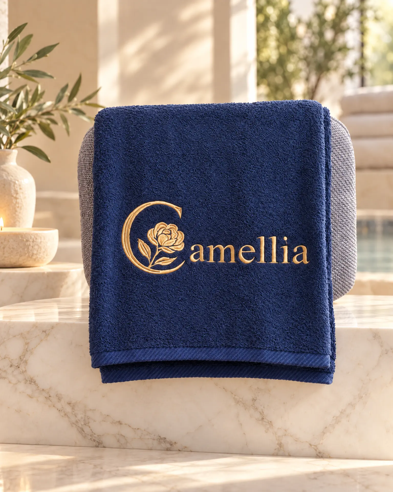 Marineblaues Premium-Handtuch mit goldener Camellia-Logo-Stickerei auf einer Marmorfläche