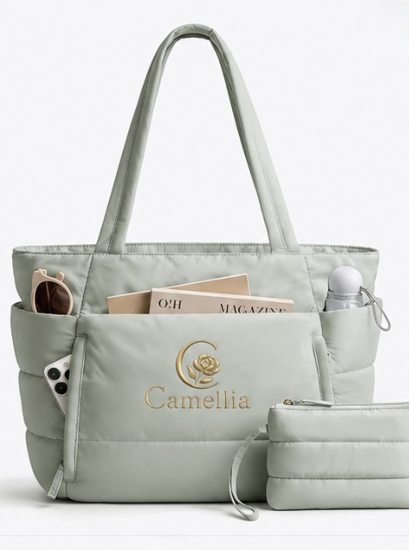 Salbeigrüne CAMELLIA-Damentasche mit goldener Stickerei, gefüllten Außenfächern und passendem Etui, Vorderansicht