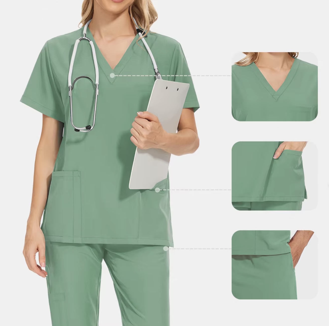 Modell trägt salbeigrünes CAMELLIA-Kasack-Set mit Details zu Ausschnitt, Tasche und Bund