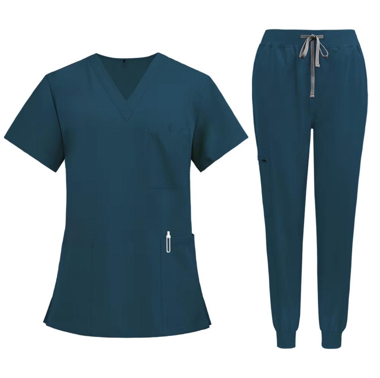 Petrolfarbenes Kasack-Set mit V-Ausschnitt, Brusttasche und Jogger-Hose von CAMELLIA