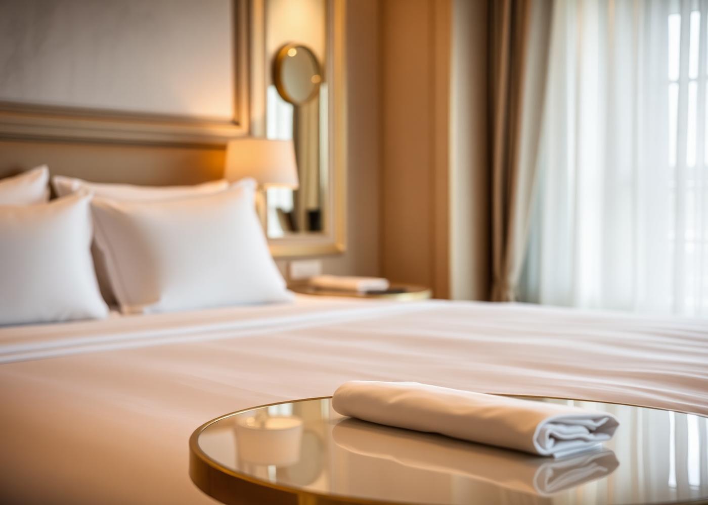 Elegantes Hotelzimmer mit weißer CAMELLIA-Satinbettwäsche und gefalteten Tischservietten