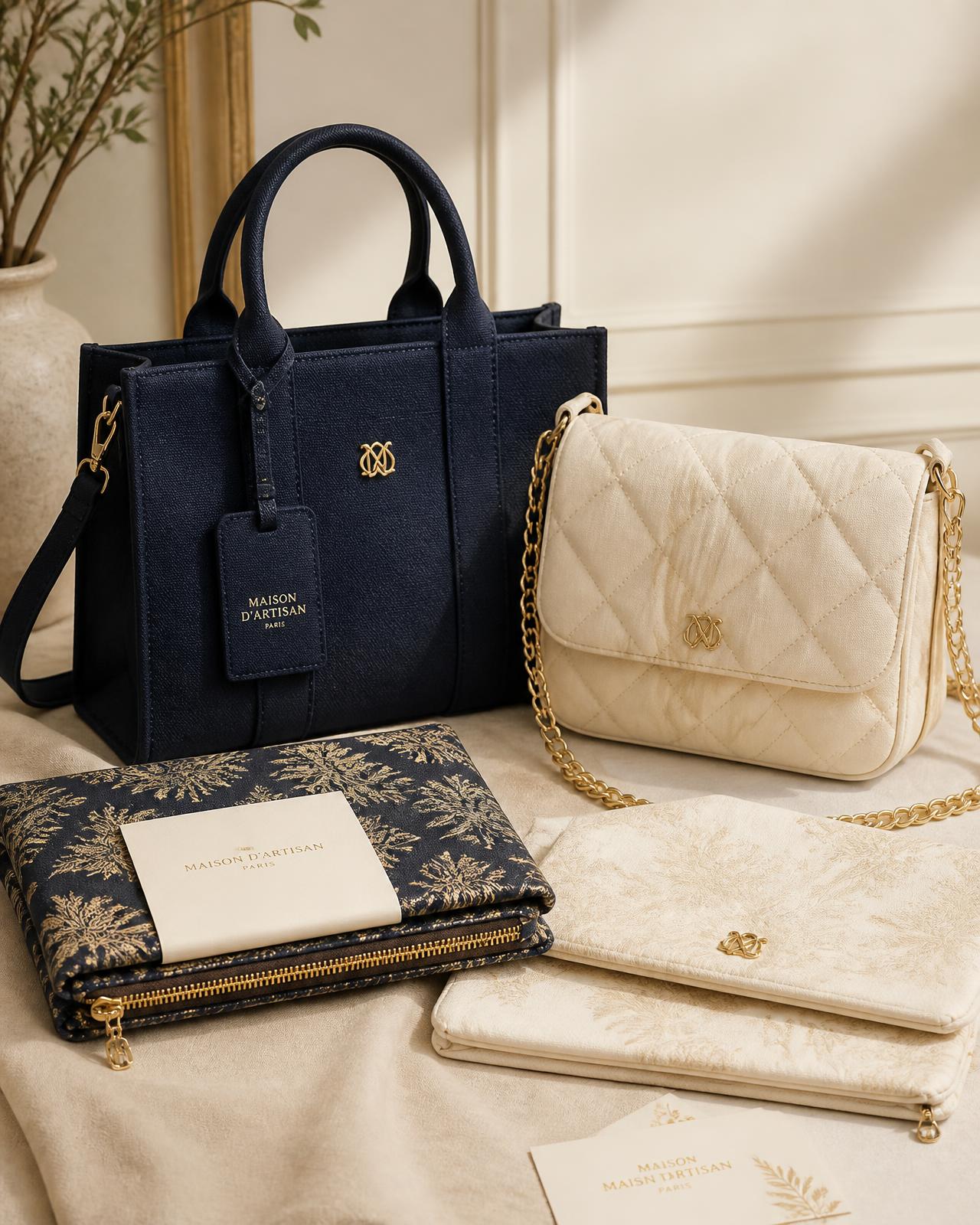 Marineblaue Stofftasche mit goldenen Beschlägen, elfenbeinfarbene gequiltete Umhängetasche und textile Etuis von CAMELLIA