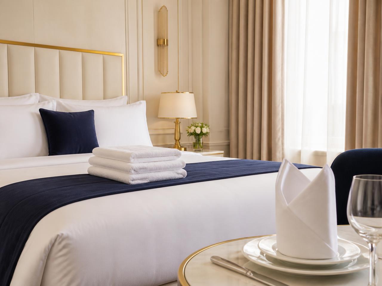 Luxuriöses Hotelbett mit frischer weißer CAMELLIA-Satinbettwäsche