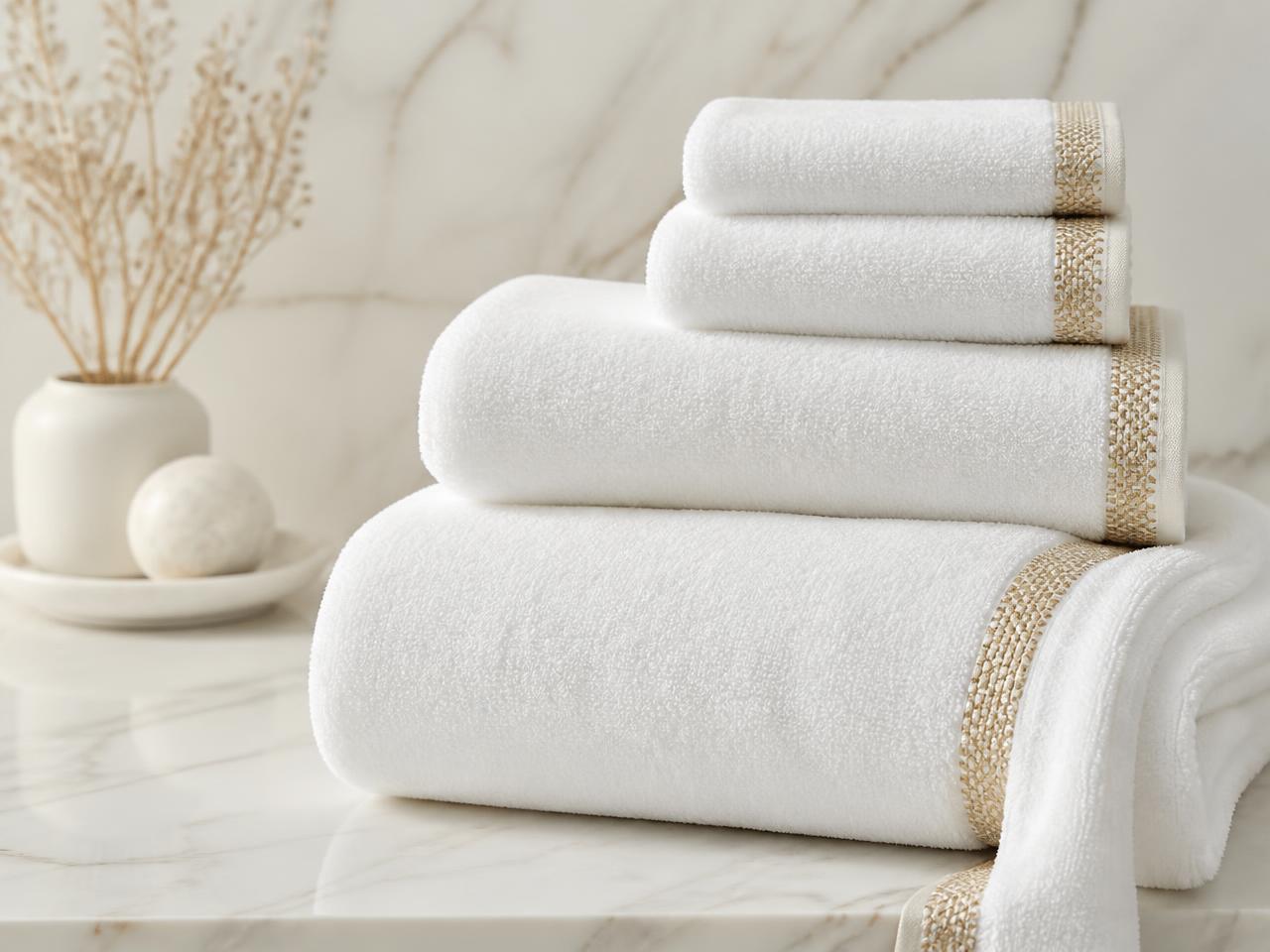 Stapel weicher weißer Premium-Baumwollhandtücher für Hotels und Spas von CAMELLIA